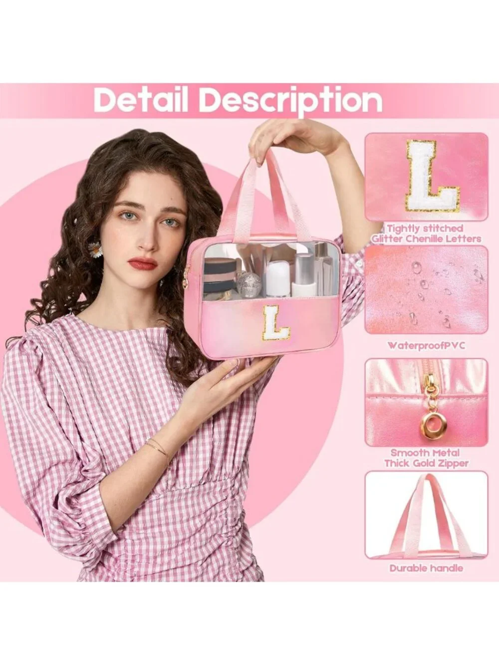 Personalized Pink Clear Makeup Bag | Cute Large Cosmetic Organizer for Travel